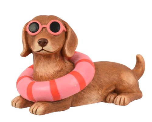 Outdoor Living | Gartenfigur Dackel mit Schwimmring & Sonnenbrille | Rosa | L 43 x B 21,5 x H 26 cm
