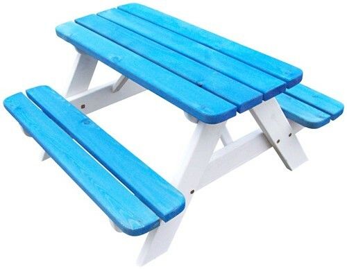 Kinderpicknicktisch aus Holz | blau und weiß gefärbt | 90 x 90 x 45 cm