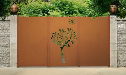 Sichtschutzwand aus 3 Elementen und 4 Pfosten (Material: Corten Stahl) Baum unter der Sonne | Jabo-Design | Cortenstahl