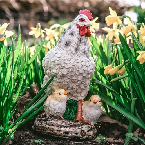 Gartenfigur Stehendes Huhn mit 2 Küken | weiß | 15x11x20cm