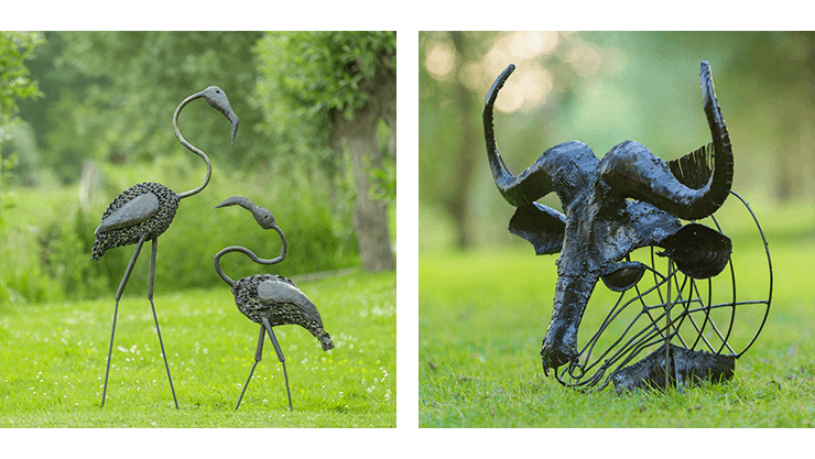 Metallskulptur Tiermotiv, Büffel, Flamingo