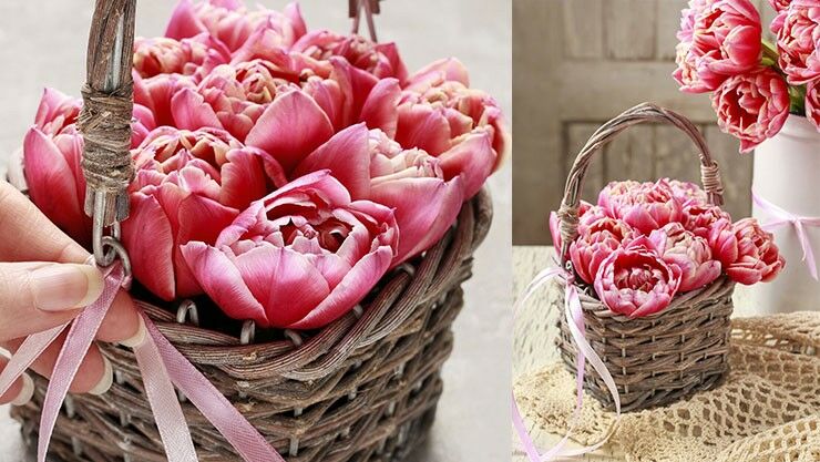 Tischdeko mit gefüllten Tulpen in einem Weidenkorb